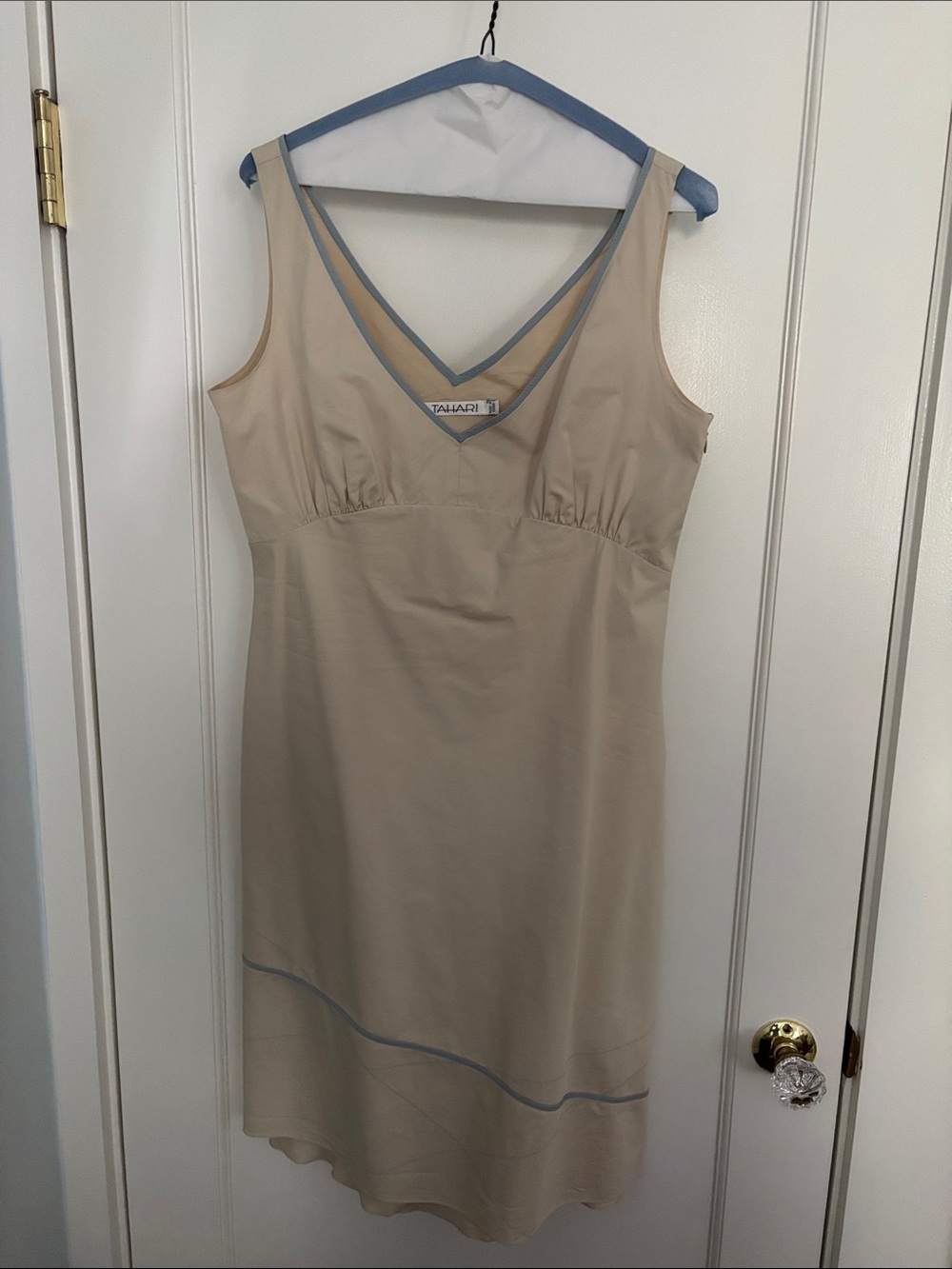 Tahari Cream Sleeveless Midi Dress with Blue Trim